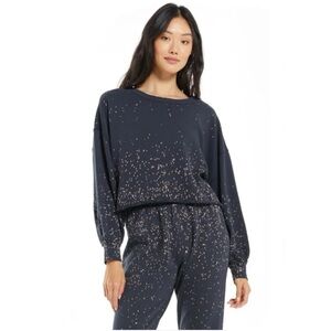 Z Supply Tempest Bleach Splatter Sweatshirt Top Boxy Loungewear Washed Black XS